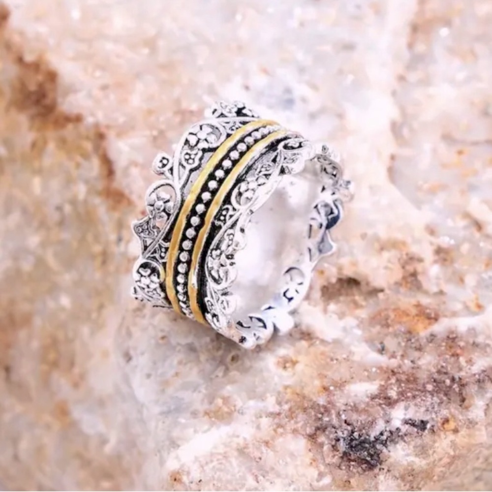 Vintage Floral Double-Layer Ring - Boho-Chic Silver Plated over titanium Sz7,8,9